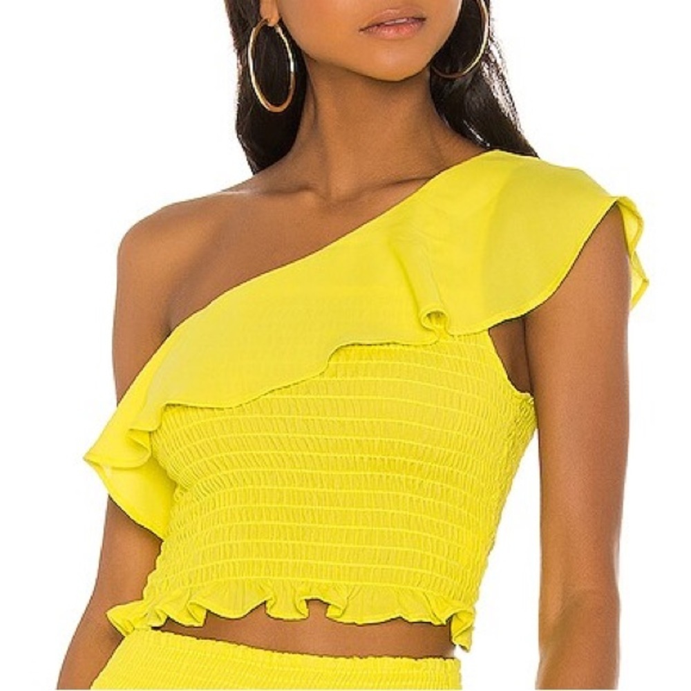 Krisa One shoulder Smocked Ruffle Neckline Cropped Blouse Yellow Daffodil Sz XS